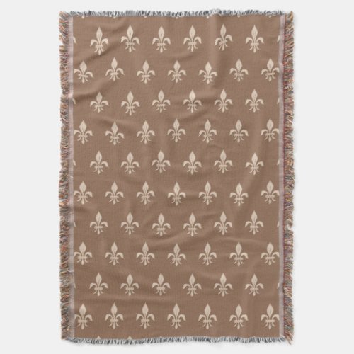 Fleur de Lis in Light Beige on Taupe Tan Throw Blanket