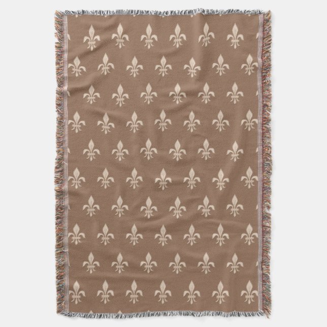Fleur de Lis in Light Beige on Taupe Tan Throw Blanket (Front Vertical)