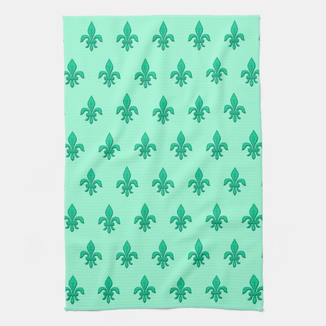 Fleur de Lis in Turquoise and  Light Aqua   Kitchen Towel (Vertical)