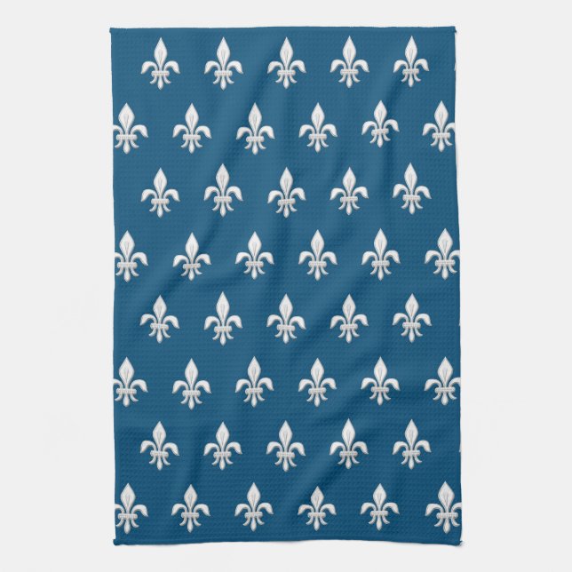 Fleur de Lis in White on Deep Cobalt Blue     Kitchen Towel (Vertical)
