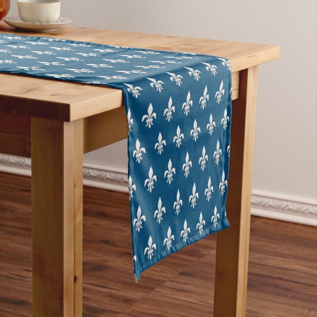 Fleur de Lis in White on Deep Cobalt Blue     Short Table Runner (In Situ)