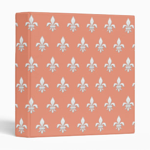 Fleur de Lis in White on Light Coral Pink / Peach 3 Ring Binder