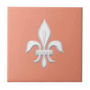 Fleur de Lis in White on Light Coral Pink / Peach Ceramic Tile