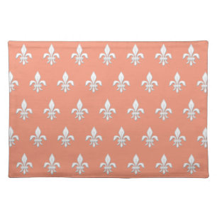 Fleur de Lis in White on Light Coral Pink / Peach  Cloth Placemat