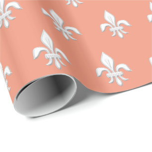 Fleur de Lis in White on Light Coral Pink / Peach Wrapping Paper