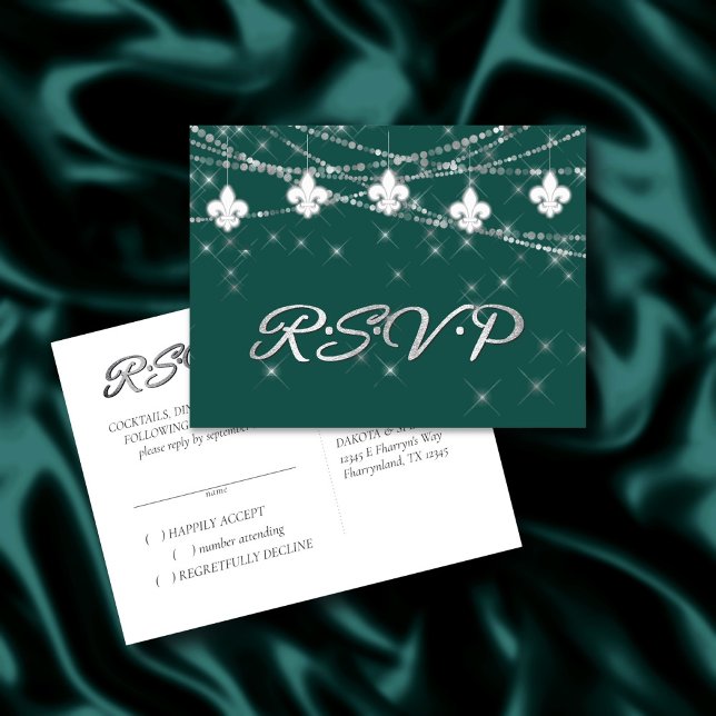 Fleur de Lis Lights | Bold Green Themed Response Invitation Postcard (Creator Uploaded)