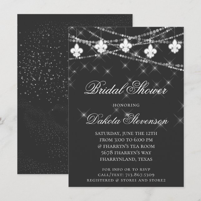 Fleur de Lis Lights | Charcoal Gray Bridal Shower Invitation (Front/Back)