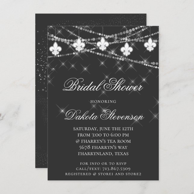 Fleur de Lis Lights | Charcoal Gray Bridal Shower Invitation (Front/Back)