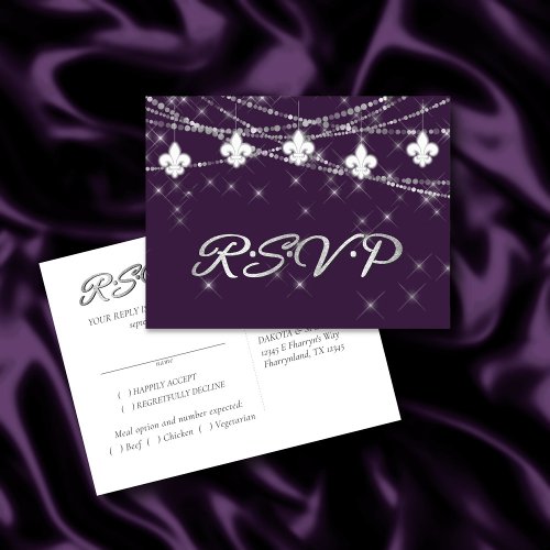 Fleur de Lis Lights  Deep Purple Entree Response Invitation Postcard