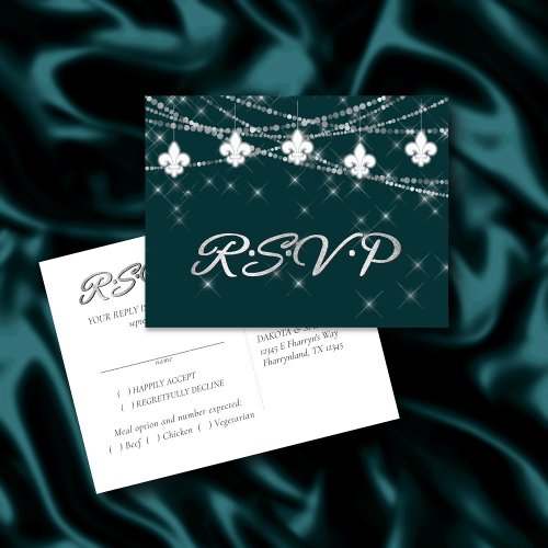 Fleur de Lis Lights  Midnight Teal RSVP Entree Invitation Postcard