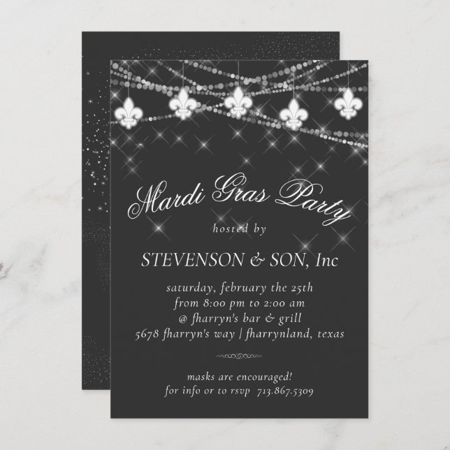 Fleur de Lis Lights | Minimal Gray Mardi Gras Invitation (Front/Back)