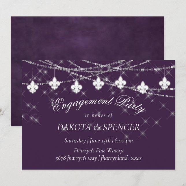 Fleur de Lis Lights | Purple Moody Engagement Invitation (Front/Back)