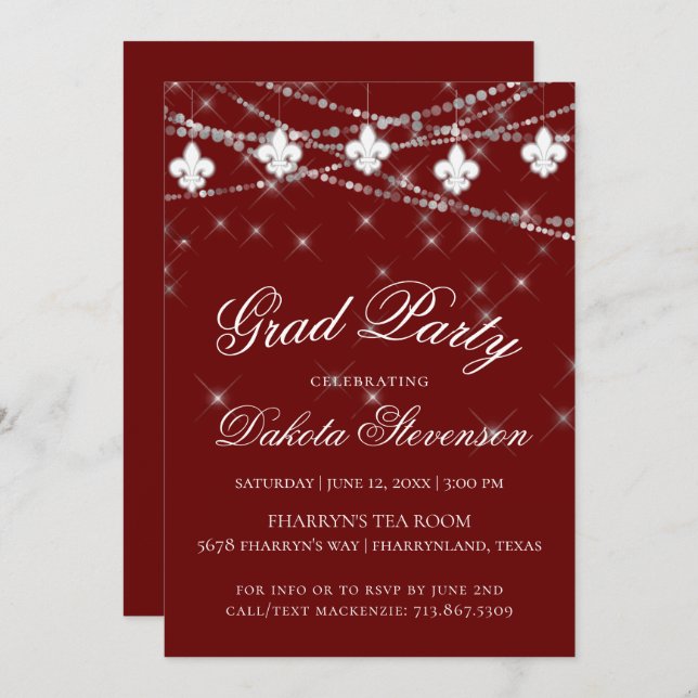 Fleur de Lis Lights | Red Theme Graduation Party Invitation (Front/Back)