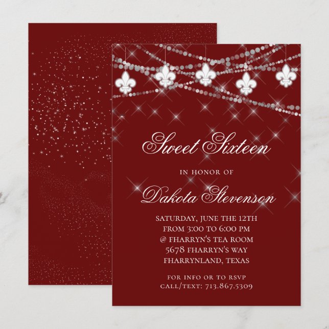 Fleur de Lis Lights | Red Theme Sweet 16 Party Invitation (Front/Back)
