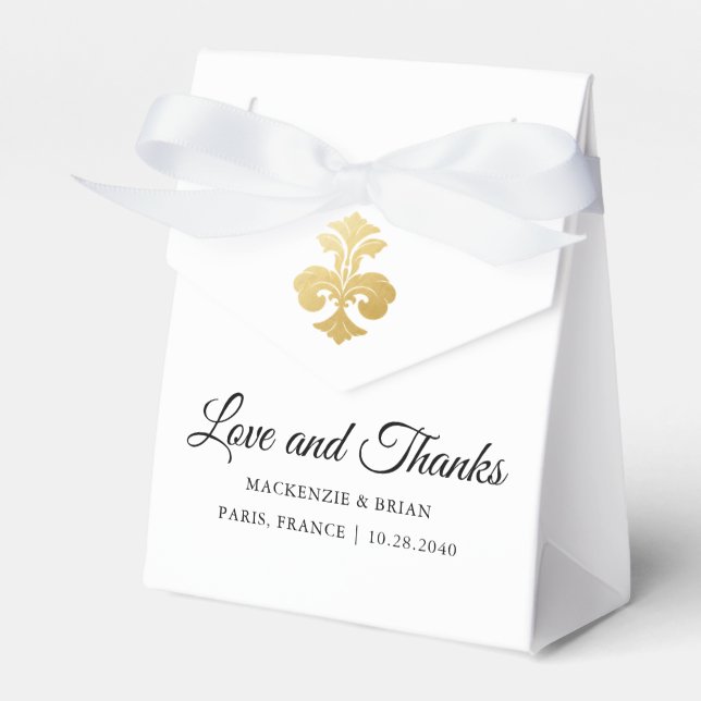 Fleur de Lis Love Thanks Gold Wedding Favor Boxes (Front Side)