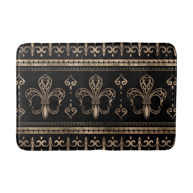 Fleur-de-lis Luxury ornament - black and gold Bath Mat (Front)