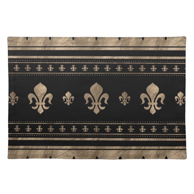 Fleur-de-lis Luxury ornament - black and gold Cloth Placemat (Front)