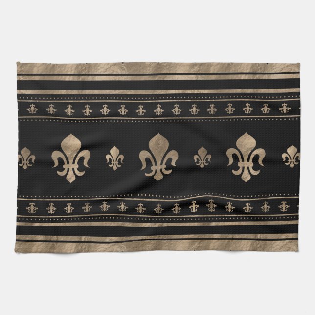 Fleur-de-lis Luxury ornament - black and gold Kitchen Towel (Horizontal)