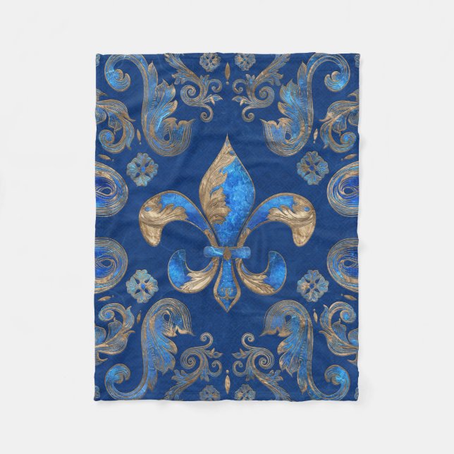 Fleur-de-lis luxury ornament - blue marble fleece blanket (Front)