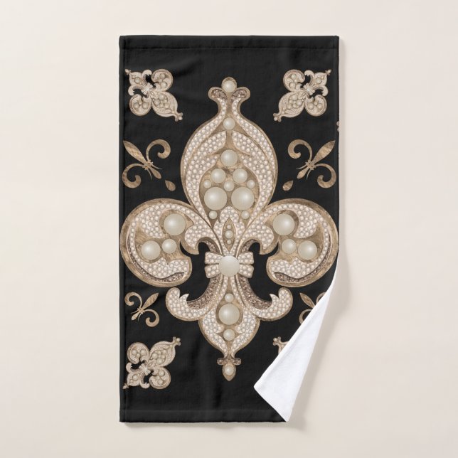 Fleur-de-lis luxury pearl and gold ornament bath towel set (Hand Towel)