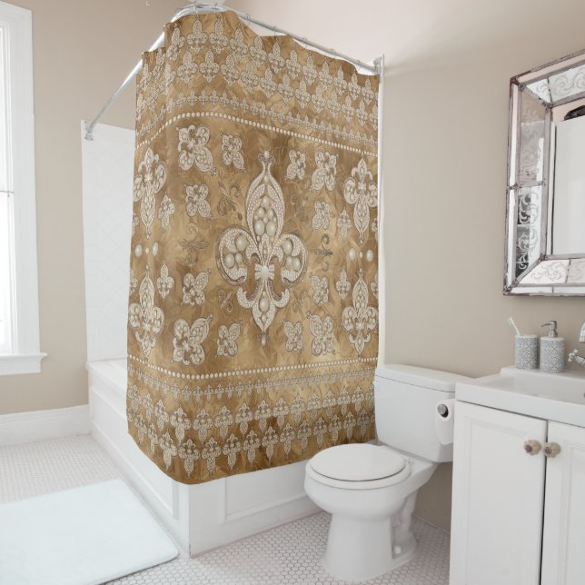 Fleur-de-lis luxury pearl and gold ornament shower curtain (In Situ)
