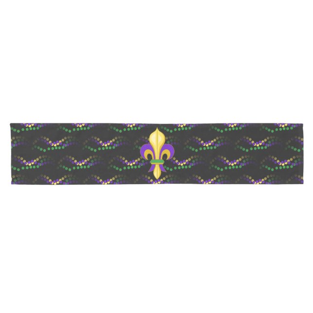 Fleur de Lis Mardi Gras Beads Black Table Runner (Horizontal)