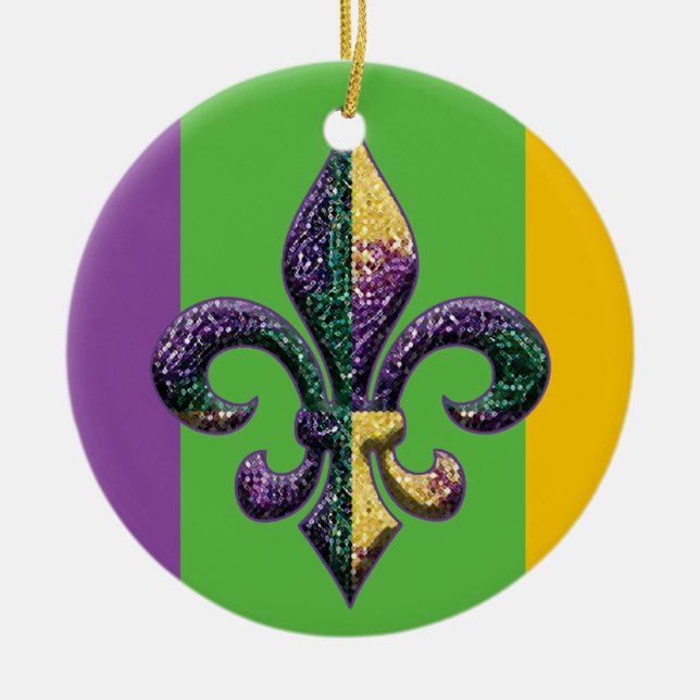 Fleur de lis Mardi Gras beads Ceramic Ornament (Front)