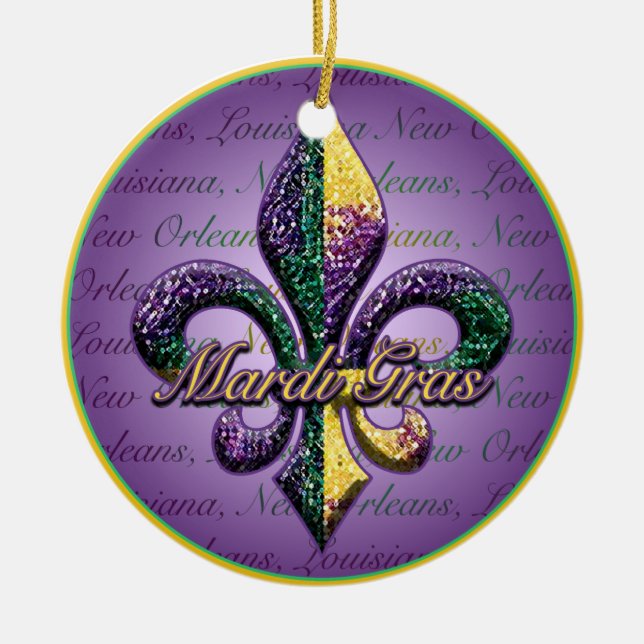 Fleur de lis Mardi Gras beads Ceramic Ornament (Front)