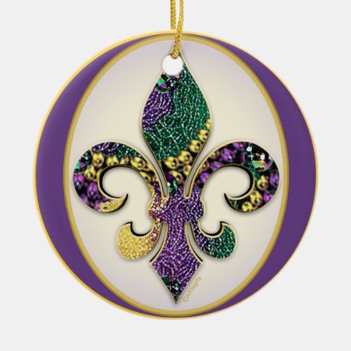 Fleur de lis Mardi Gras beads Ceramic Ornament