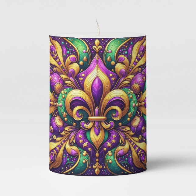 fleur de lis mardi gras pillar candle (Front)
