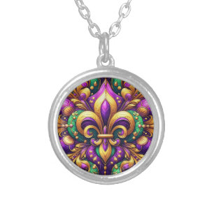 fleur de lis mardi gras silver plated necklace