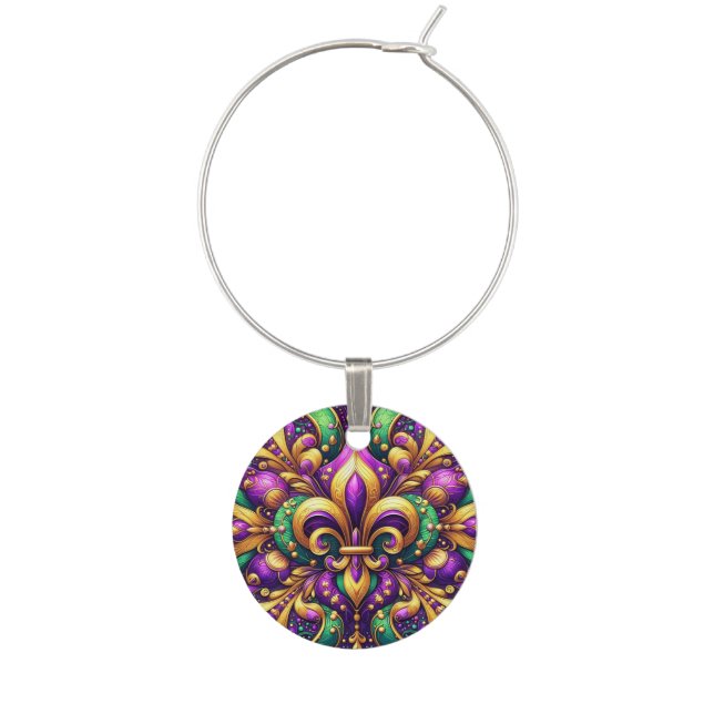 fleur de lis mardi gras wine charm (Front)