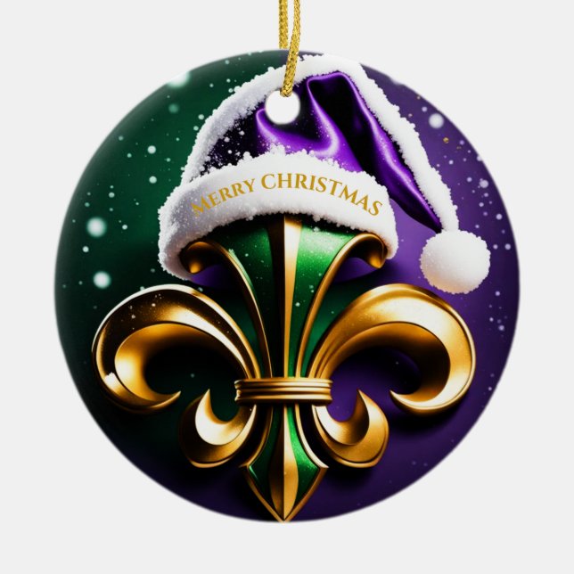Fleur De Lis Merry Christmas Design Ceramic Ornament (Front)