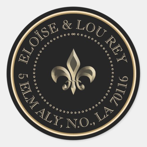 Fleur de Lis Metallic Gold Black Return Address Classic Round Sticker