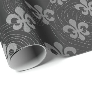 Fleur de Lis Metallic  Silver  Black Gray Circles Wrapping Paper
