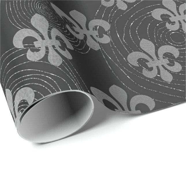 Fleur de Lis Metallic  Silver  Black Gray Circles Wrapping Paper (Roll Corner)