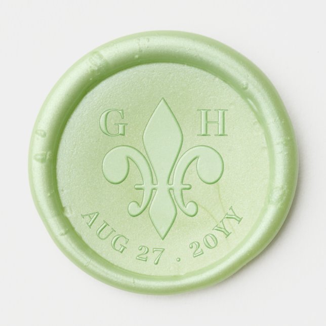 Fleur De Lis Monogram & Wedding Date Wax Seal Sticker (Front)