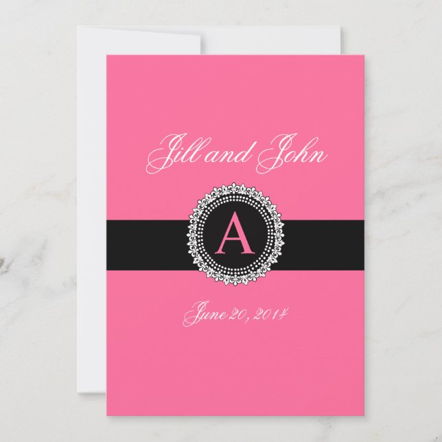 Fleur de Lis Monogram Wedding Invitations Hot Pink (Front)