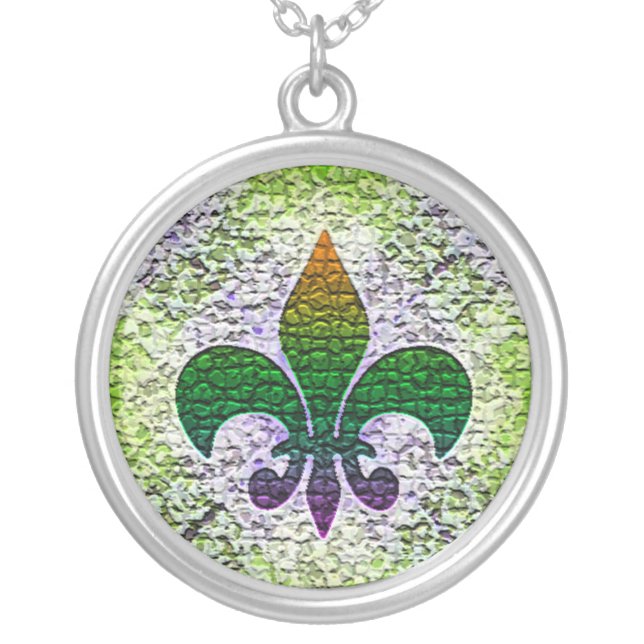 Fleur de Lis Mosaic Silver Plated Necklace (Front)