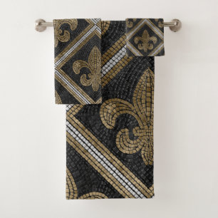 Fleur-de-lis mosaic tile pattern black and gold bath towel set