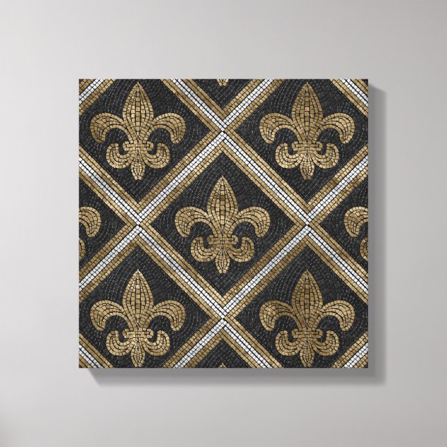 Fleur-de-lis mosaic tile pattern black and gold canvas print (Front)