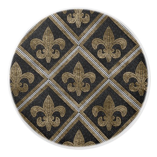 Fleur_de_lis mosaic tile pattern black and gold ceramic knob