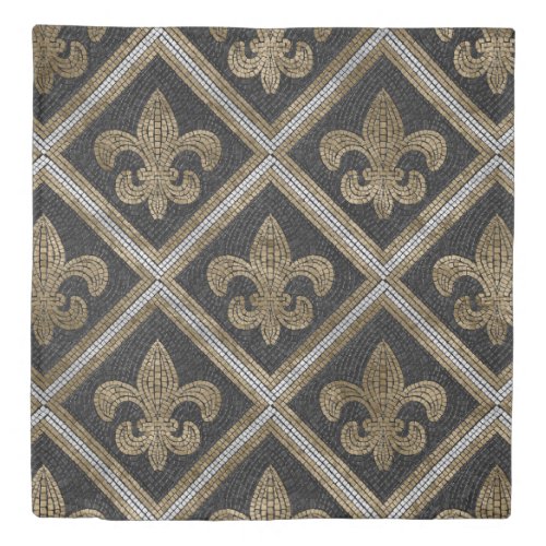 Fleur_de_lis mosaic tile pattern black and gold duvet cover