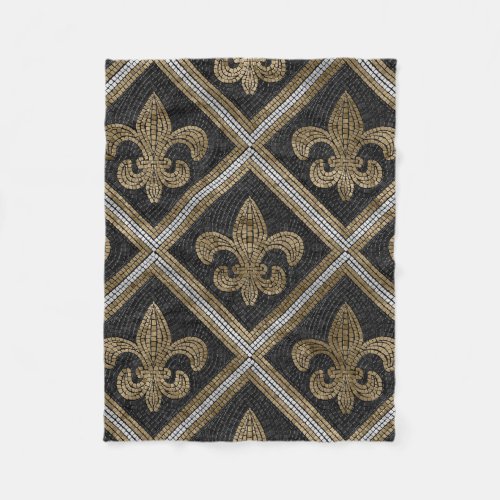 Fleur_de_lis mosaic tile pattern black and gold fleece blanket