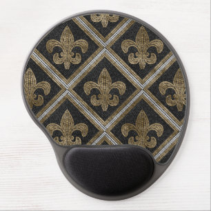 Fleur-de-lis mosaic tile pattern black and gold gel mouse pad