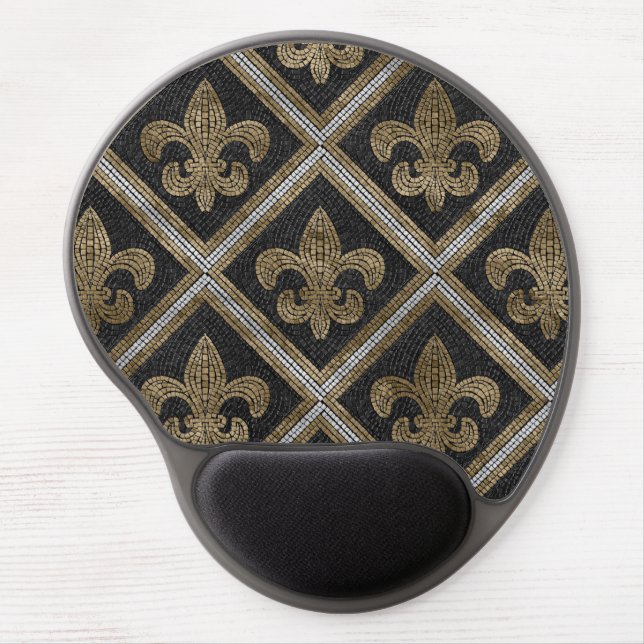 Fleur-de-lis mosaic tile pattern black and gold gel mouse pad (Front)