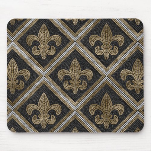 Fleur_de_lis mosaic tile pattern black and gold mouse pad