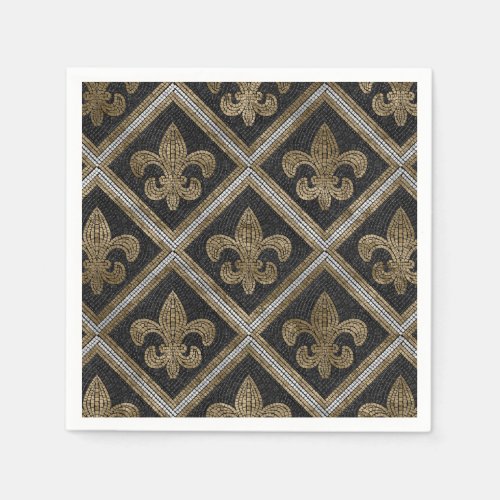 Fleur_de_lis mosaic tile pattern black and gold napkins