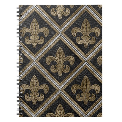 Fleur_de_lis mosaic tile pattern black and gold notebook