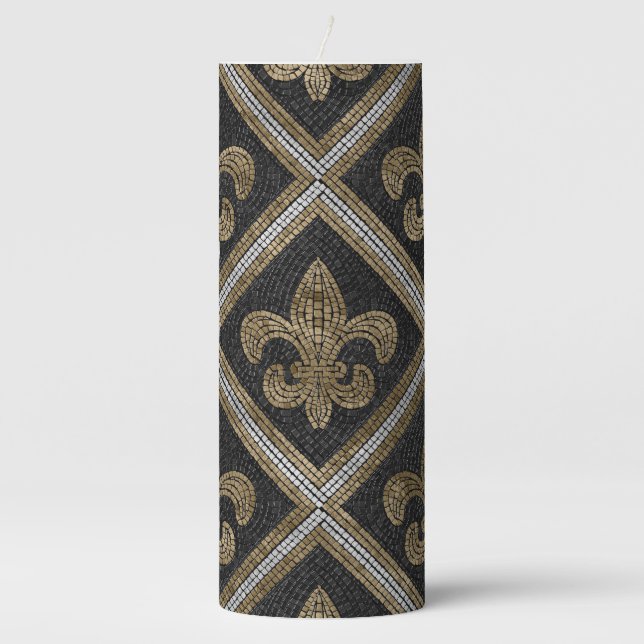 Fleur-de-lis mosaic tile pattern black and gold pillar candle (Front)